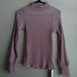 Danyu Dusty Pink/Mauve Sheer Pleated Turtleneck with Lettuce Trim